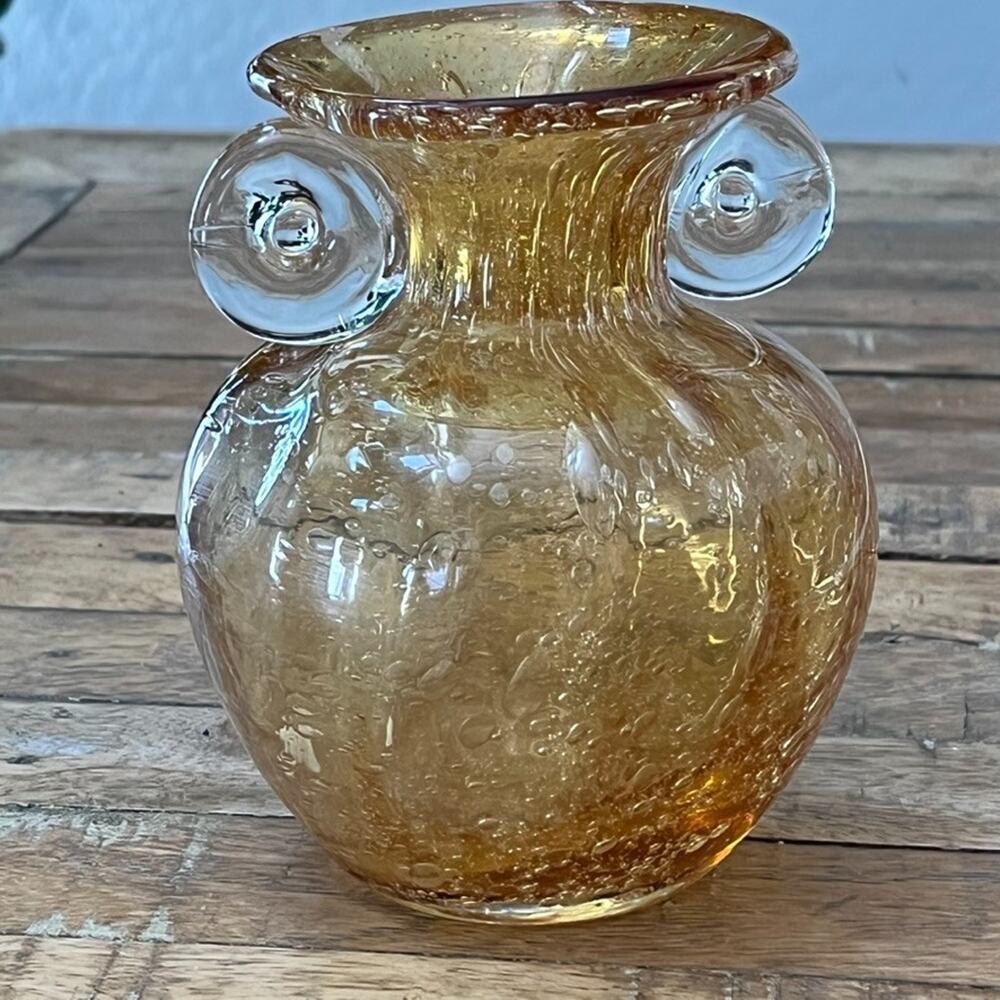 Vintage Hand Blown Glass Vase 5.5 in Amber Yellow Bubble Design w Scroll Handles